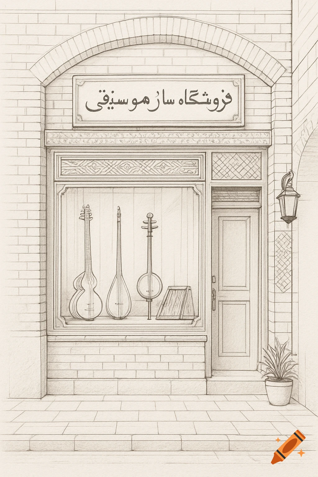 Line-art sketch of a traditional Iranian musical instrument shop with three instruments in the display window and a potted plant.