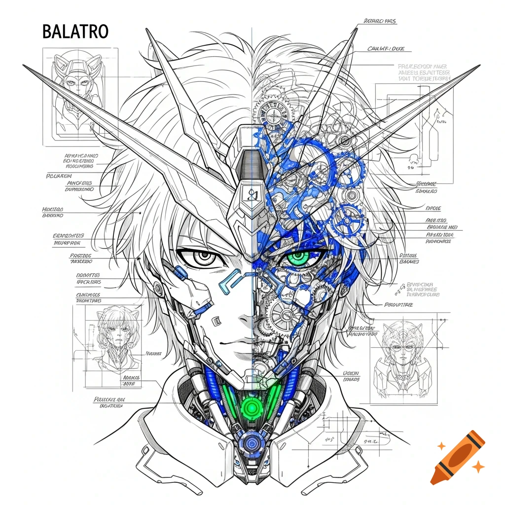 Anime character's face, half human and half robotic blueprint with gears and wires, line art style.