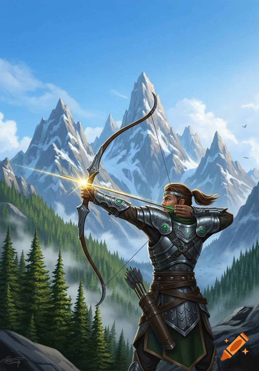 A fantasy archer in ornate armor draws a glowing bow and arrow against a backdrop of majestic snowy mountains and pine forests.