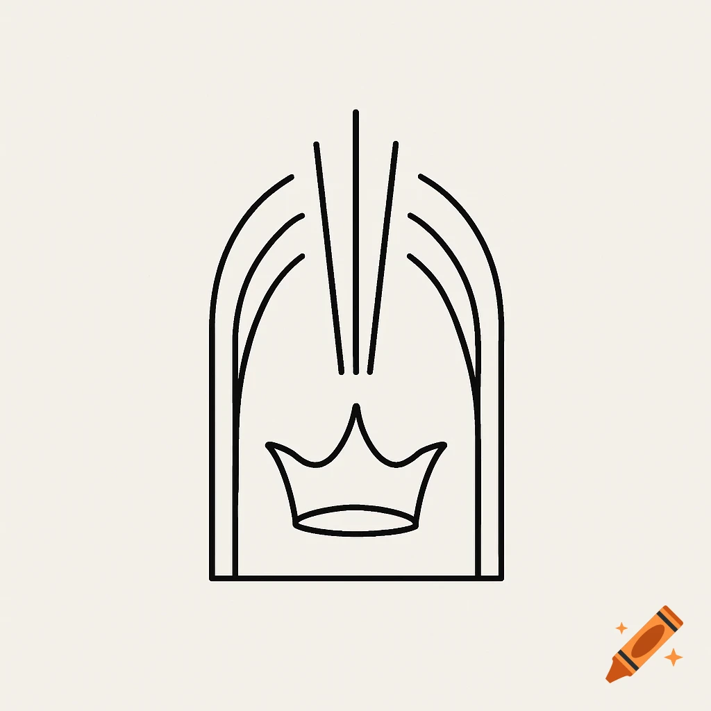 Minimalist black line art logo featuring a crown beneath vertical and curved lines suggesting light rays, on a light background.
