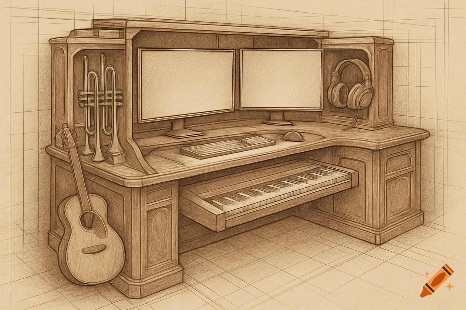 Technical drawing of a wooden corner desk with dual monitors, keyboard, mouse, headphones, piano keyboard, guitar, and trumpets.