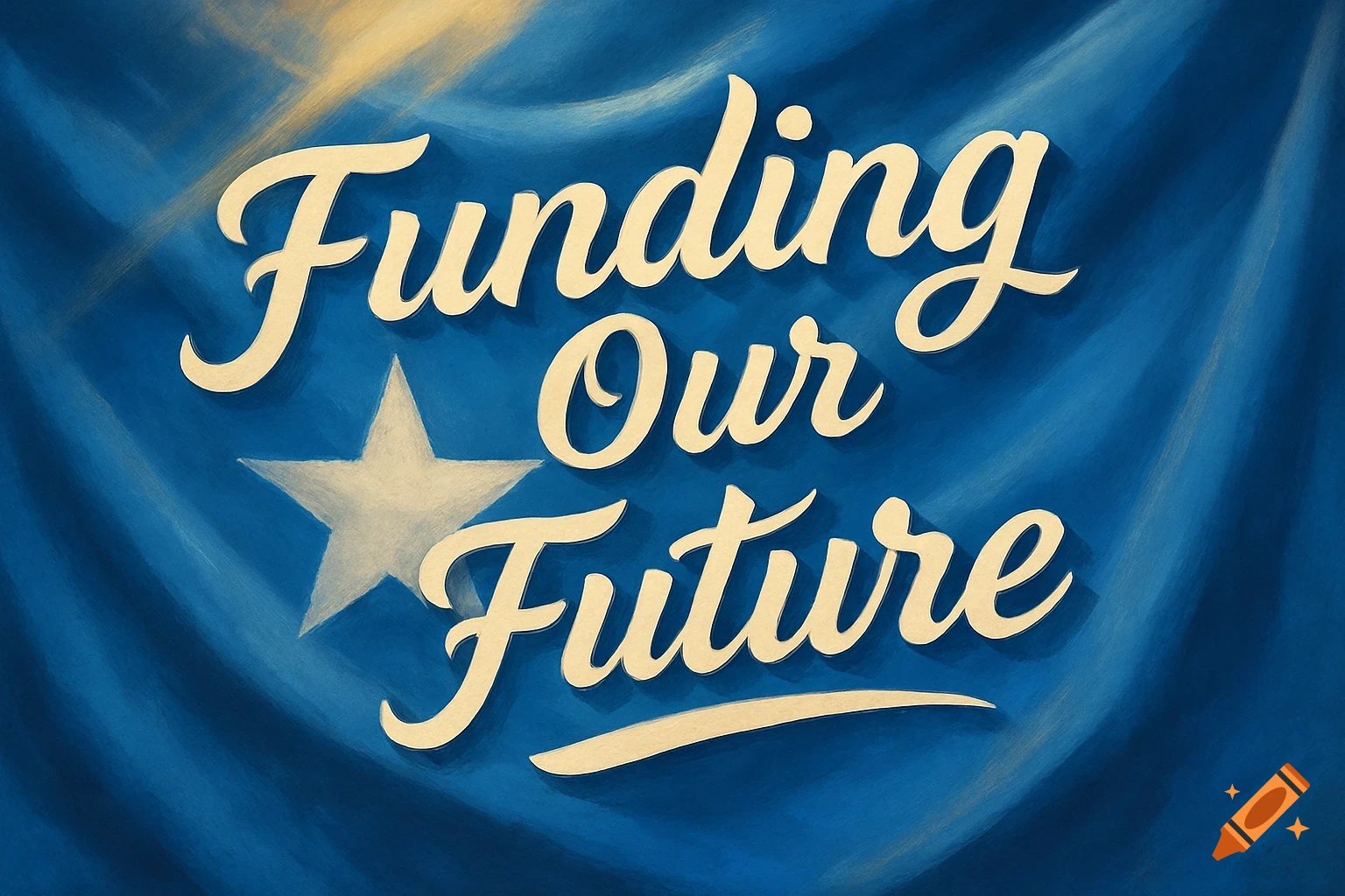 The words "Funding Our Future" in cream script font over a waving blue background with a white star, resembling a flag.
