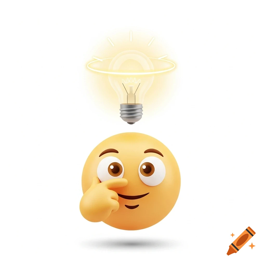 A 3D rendering of a smiling yellow emoji with one finger touching its face and a glowing lightbulb above its head.