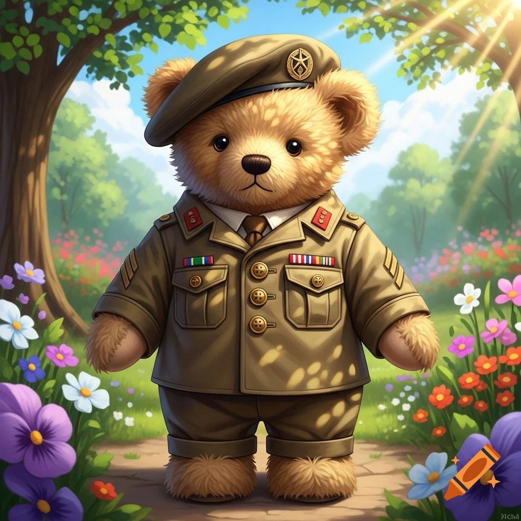 A cute teddy bear in a detailed brownie military uniform stands on a path in a bright, sunny, flowery park, surrounded by green trees.