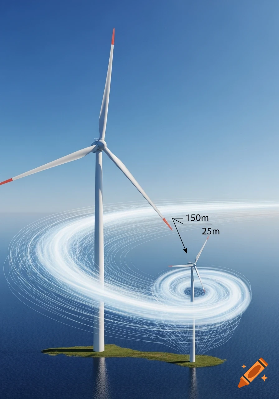 Two wind turbines on ocean islands, large and small, with swirling airflow lines in a scientific visualization.