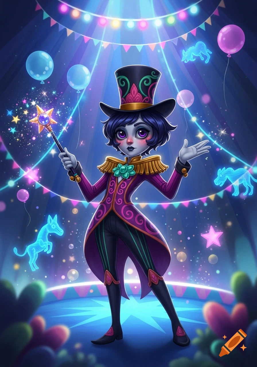 A whimsical, cartoonish circus character in a purple ringmaster costume with a top hat and a magic wand, standing in a glowing circus tent with balloons and spectral animal figures.