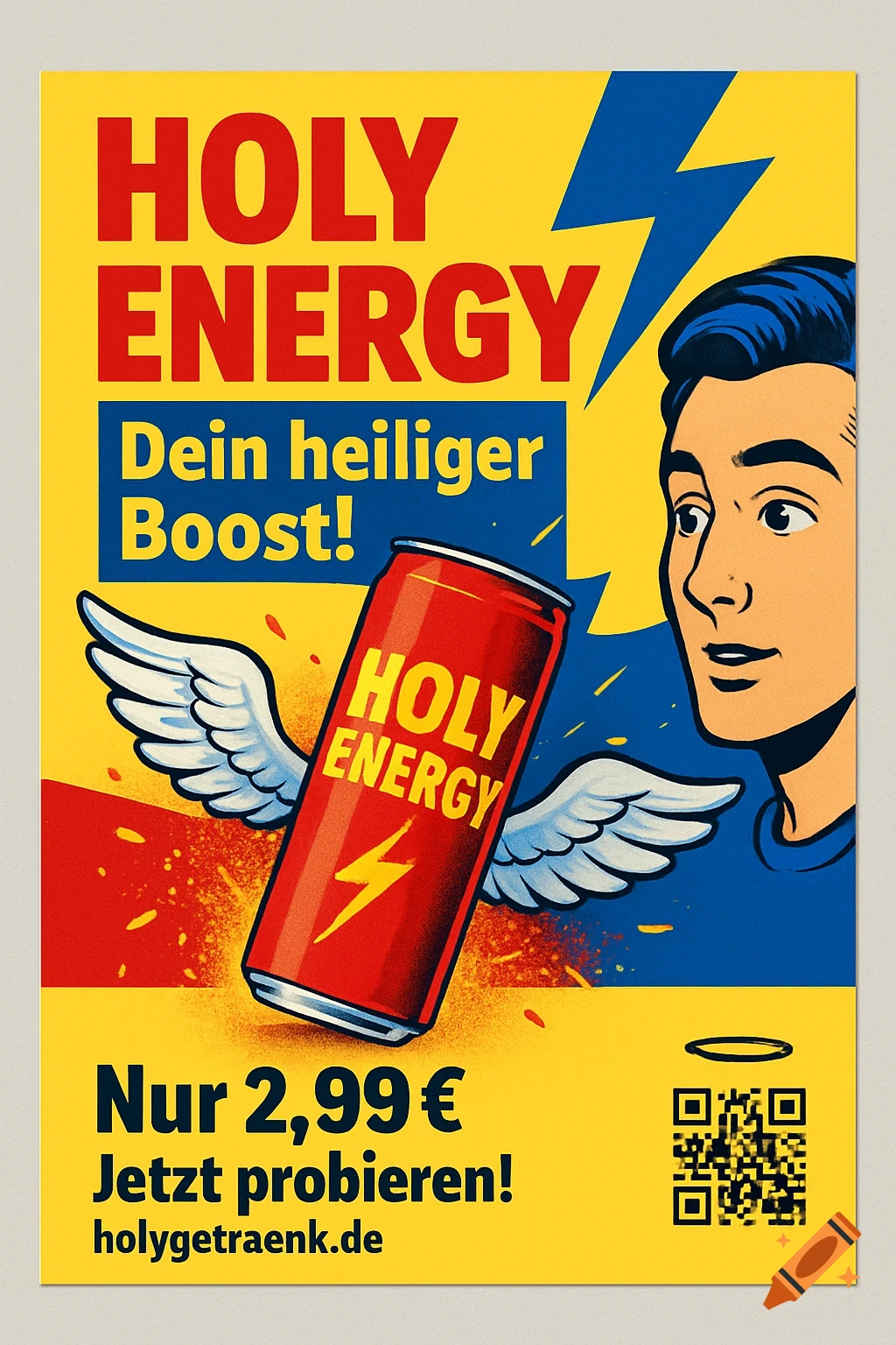 A colorful energy drink poster with 'HOLY ENERGY' text, a winged can, a man's face, price, website, and QR code, in a bold, comic-book style.