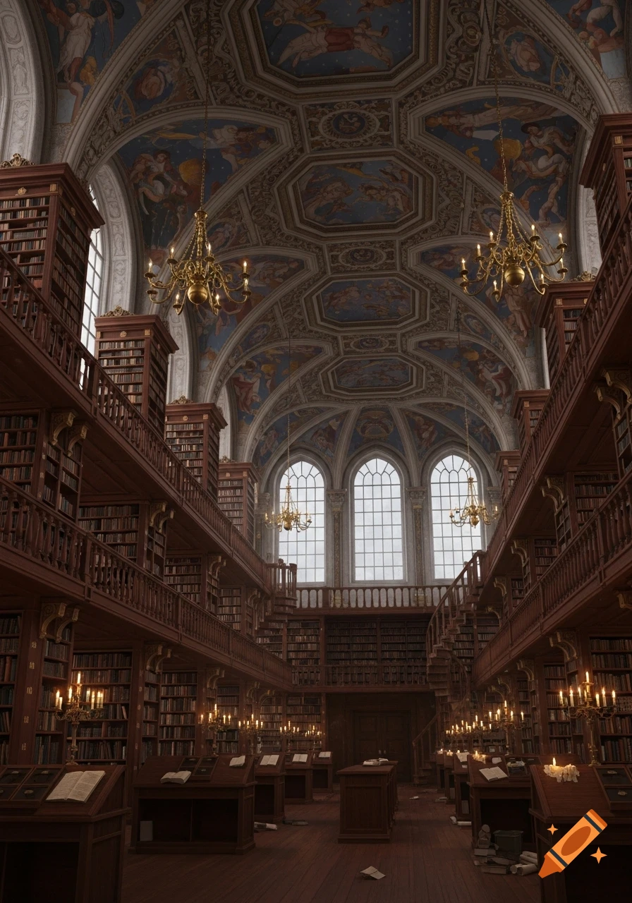 Grand, ornate library interior with towering wooden bookshelves, a high vaulted ceiling with painted murals, and chandeliers.