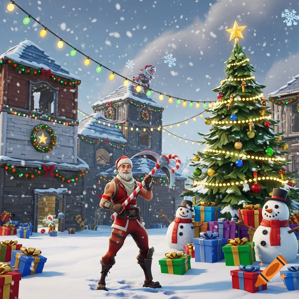 Fortnite Santa Claus character in a snowy Christmas village with a decorated tree, snowmen, and gifts, in a cartoonish video game style.