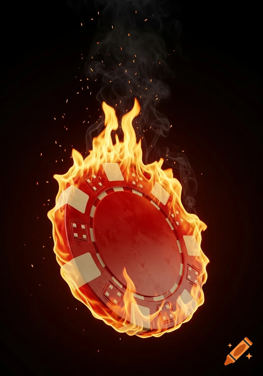 A red poker chip engulfed in vibrant orange and yellow flames, with smoke and sparks against a dark background.