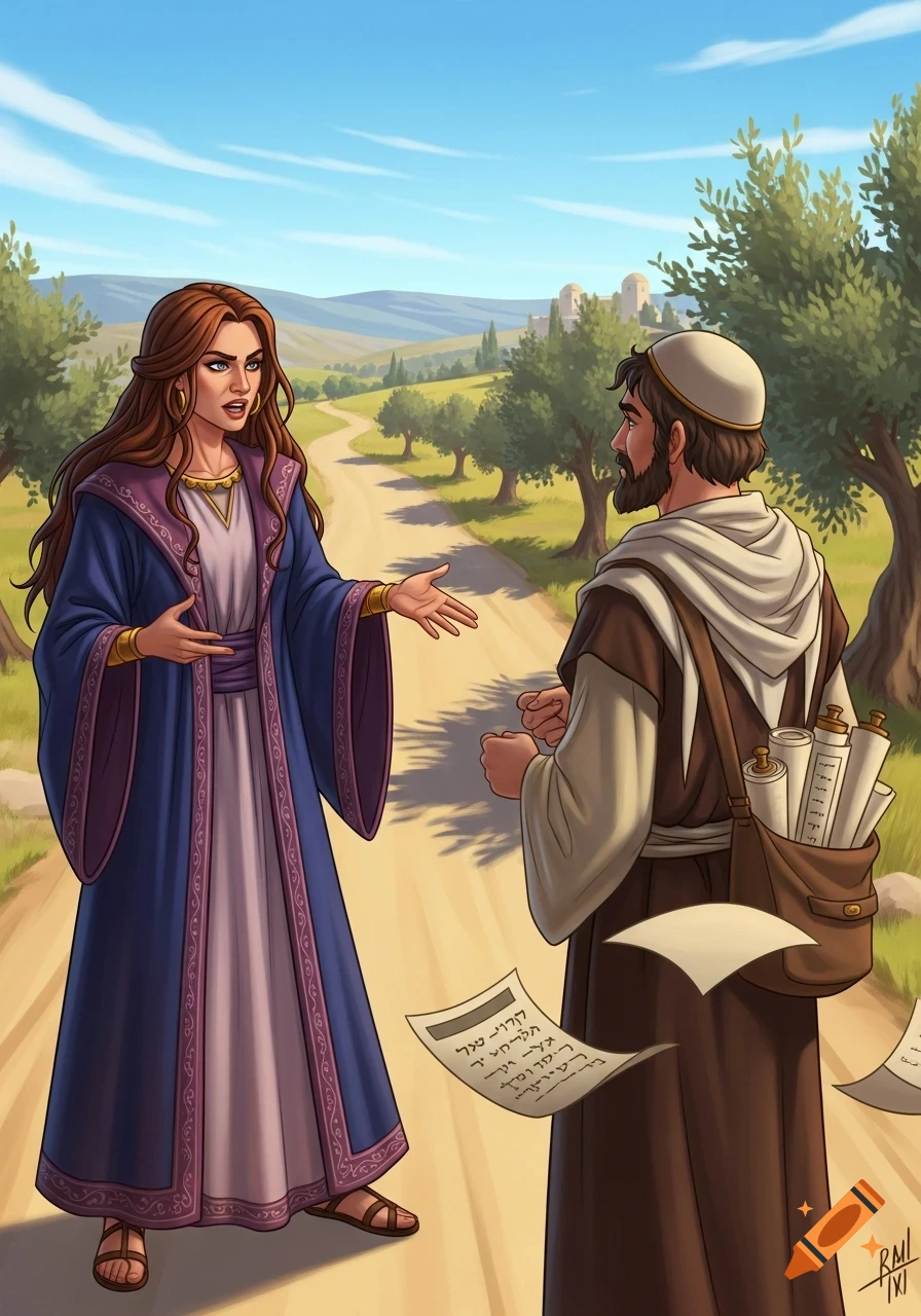 Illustration of a woman in blue and a bearded man in brown robes conversing on a dirt road with olive trees and a distant village.