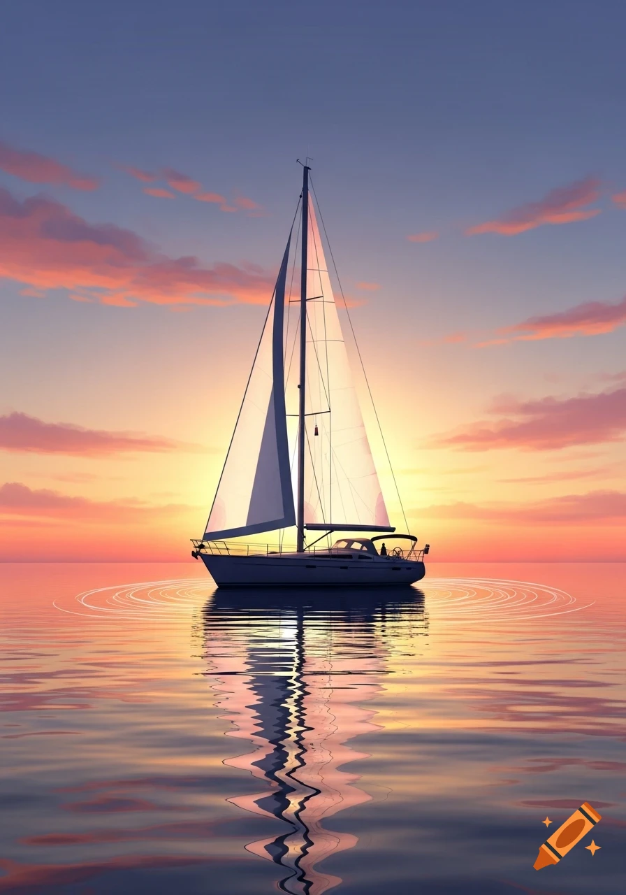 A sailboat floats on calm water with a vibrant pink and orange sunset sky reflected below.