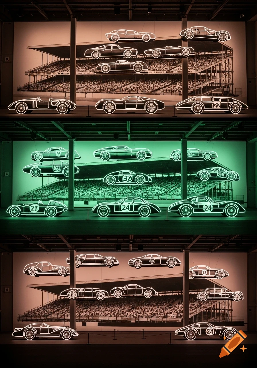 Glowing neon outlines of race cars displayed in an exhibition, with a black and white grandstand background, segmented by colored lighting.