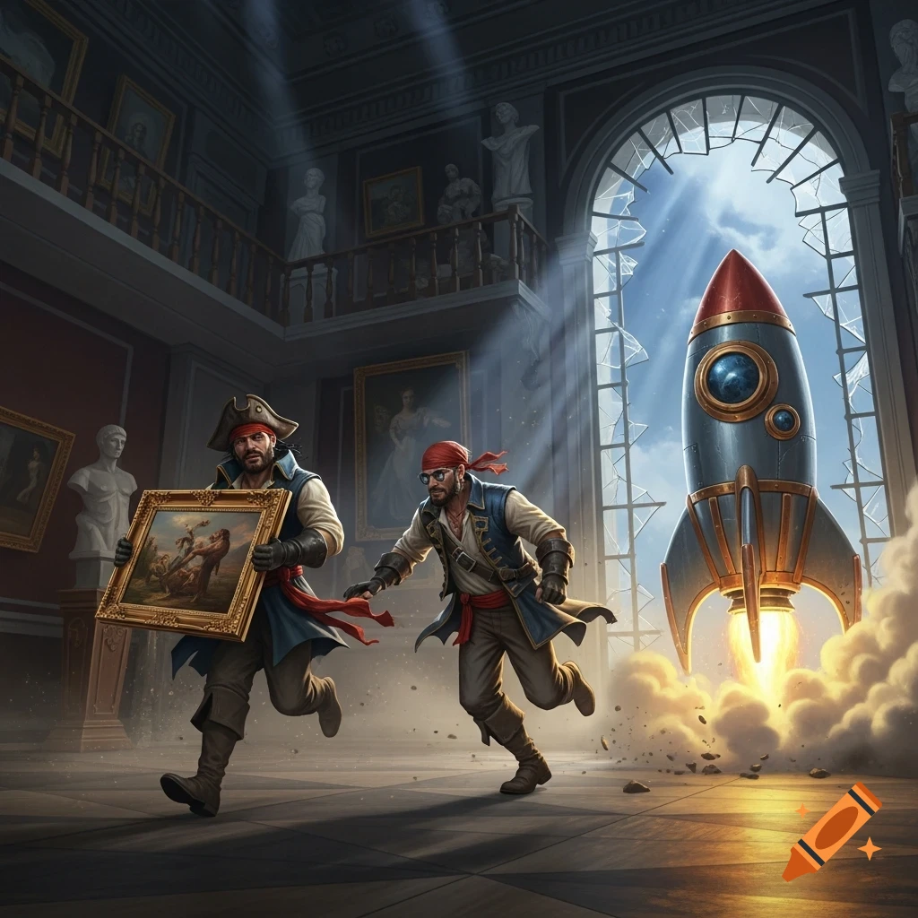 Two pirates run through a museum, one carrying a painting, as a rocket blasts off through a broken window.
