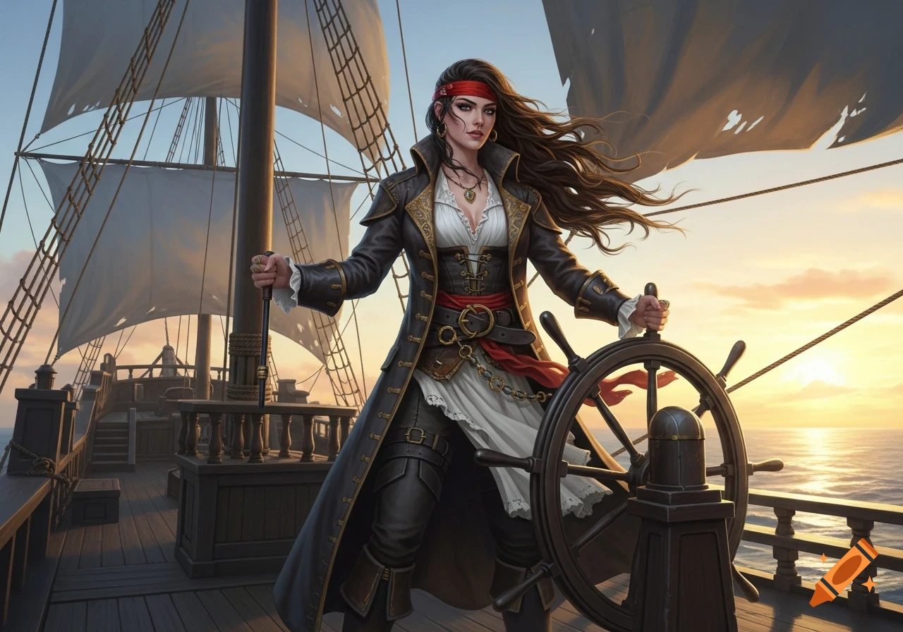 A fierce female pirate in a long coat stands at the helm of her sailing ship at sunset, rendered in a detailed digital art style.