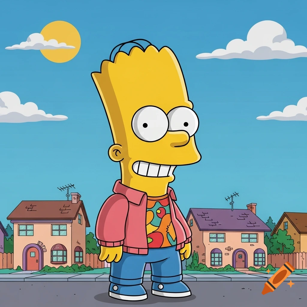 Bart Simpson wearing a pink jacket and colorful shirt, standing on a street in front of two houses under a sunny blue sky, cartoon style.