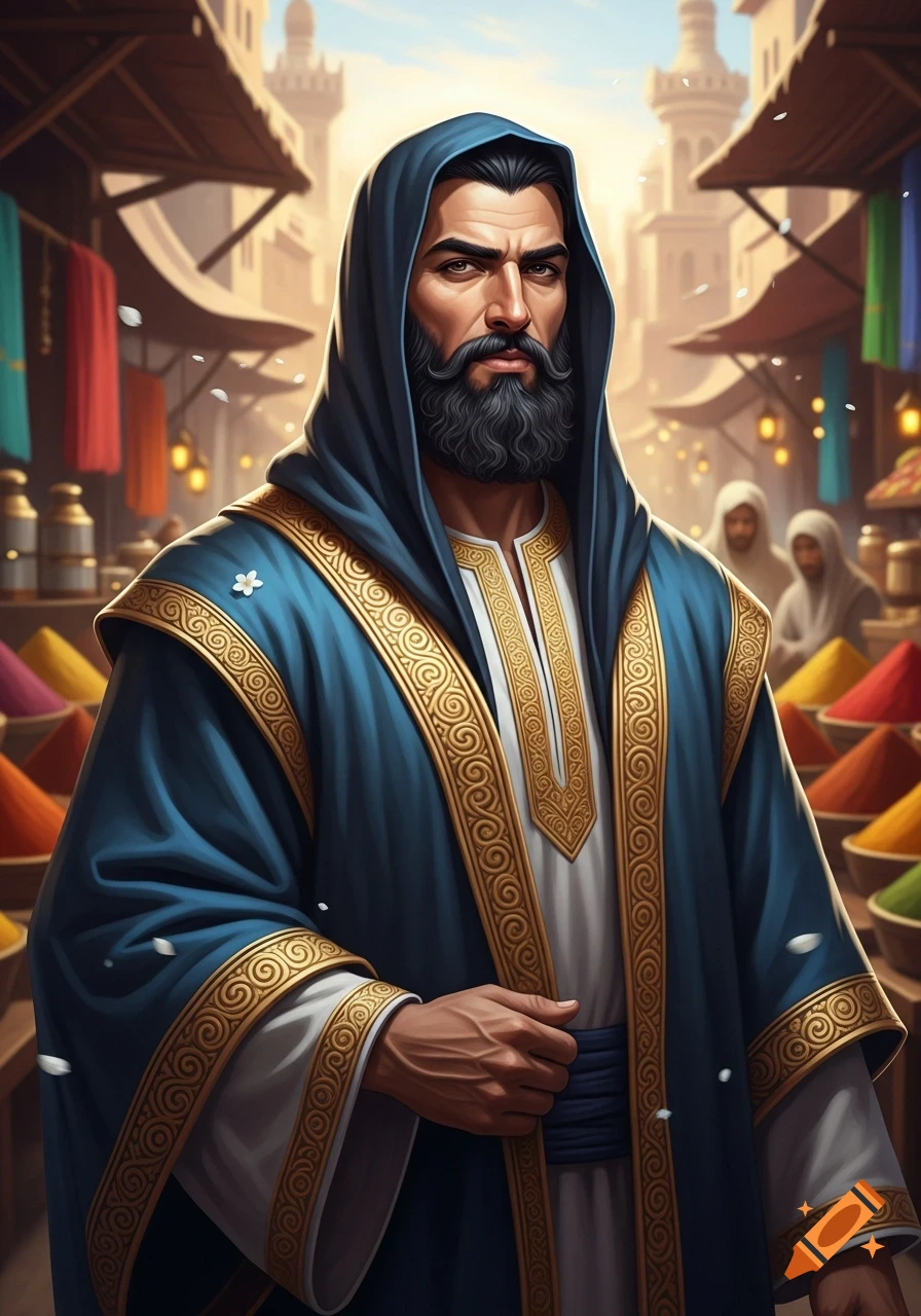 A bearded man in a blue hooded robe with gold trim stands in a vibrant ...