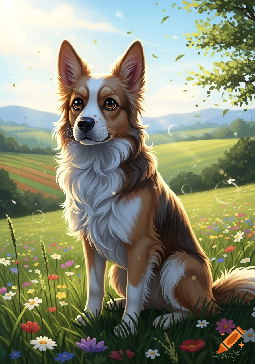 Fluffy brown and white dog sits in a sunny field of colorful wildflowers, digital illustration.