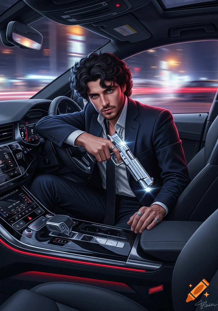A stylized man with dark curly hair in a suit sits in a modern car, holding a shiny chrome gun. The background is a blurry night city with light trails.