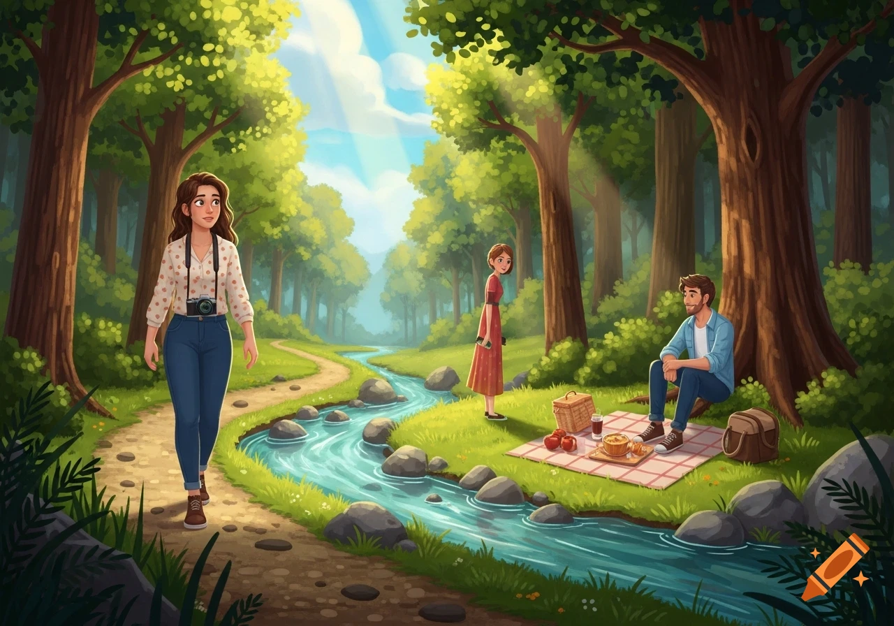 Stylized illustration of three people enjoying a sunny day in a lush forest with a winding stream, including a woman walking and two people having a picnic.