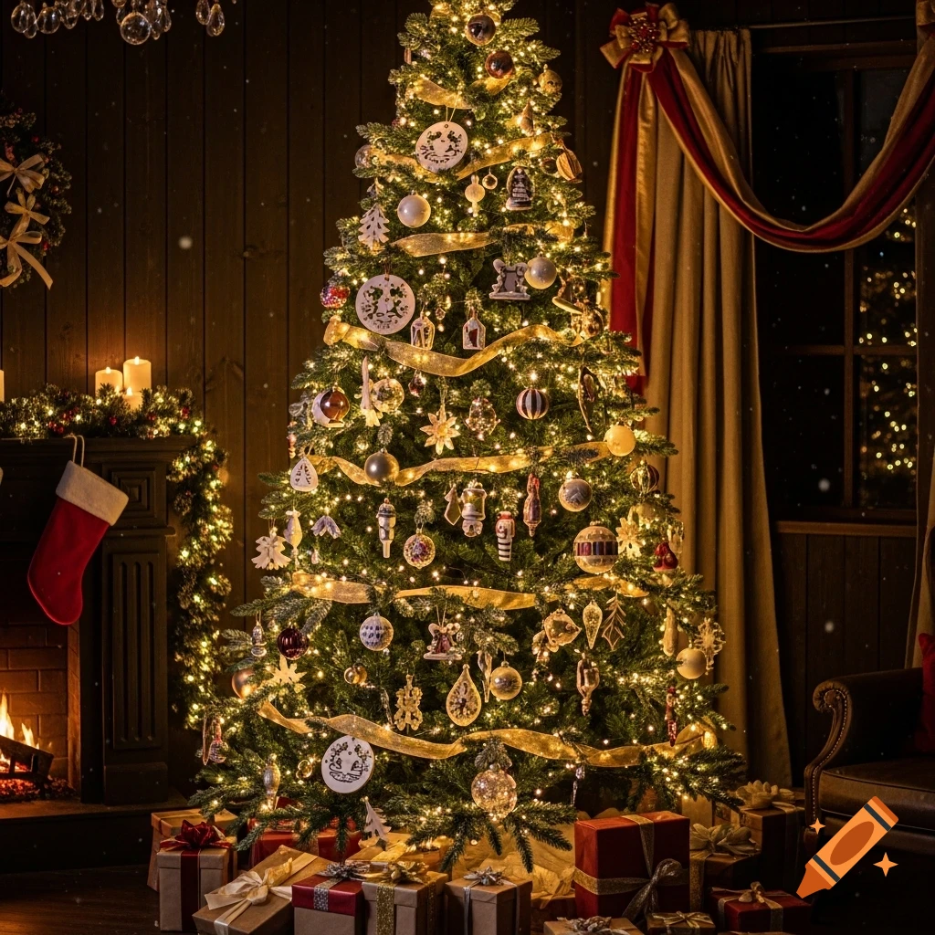 A bright Christmas tree adorned with lights and ornaments, surrounded by presents, in a cozy room with a lit fireplace.