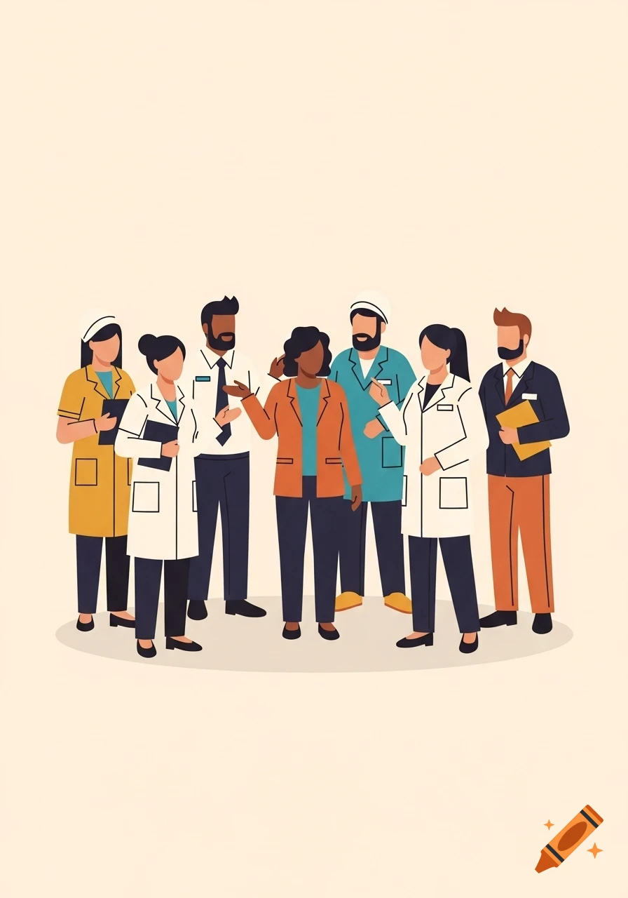 A diverse group of professionals, including social workers and medical staff, standing together in a simple, flat illustration style.
