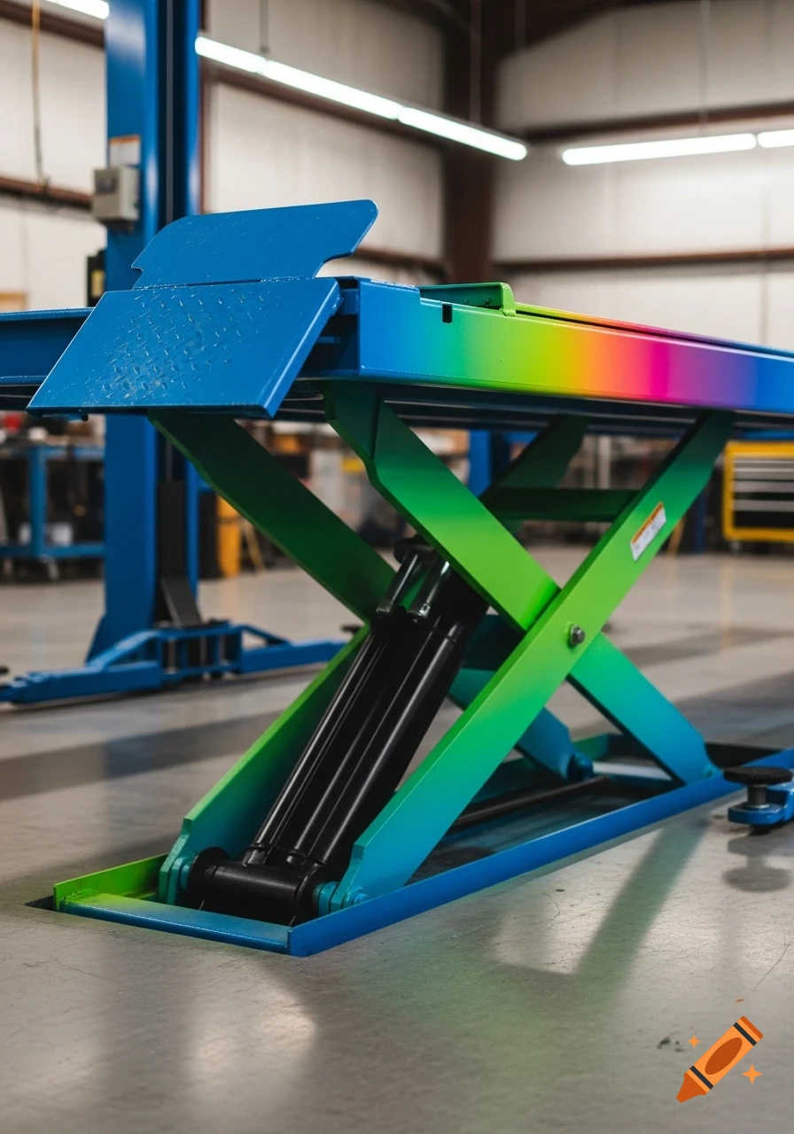 A vibrant rainbow-colored automotive scissor lift stands in a brightly lit garage.