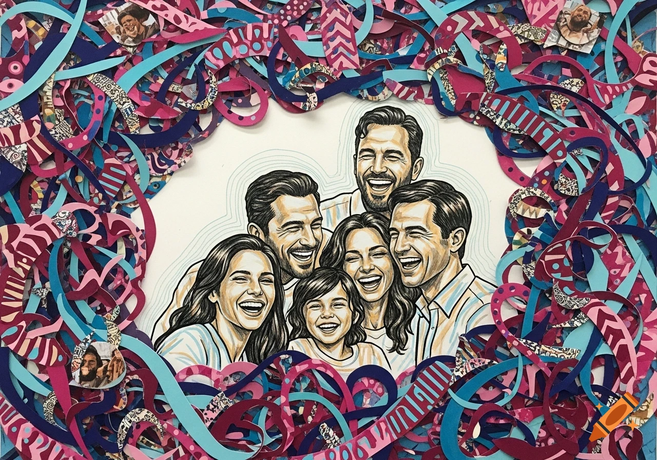 A mixed media illustration of a laughing family surrounded by a chaotic frame of colorful paper cutouts.