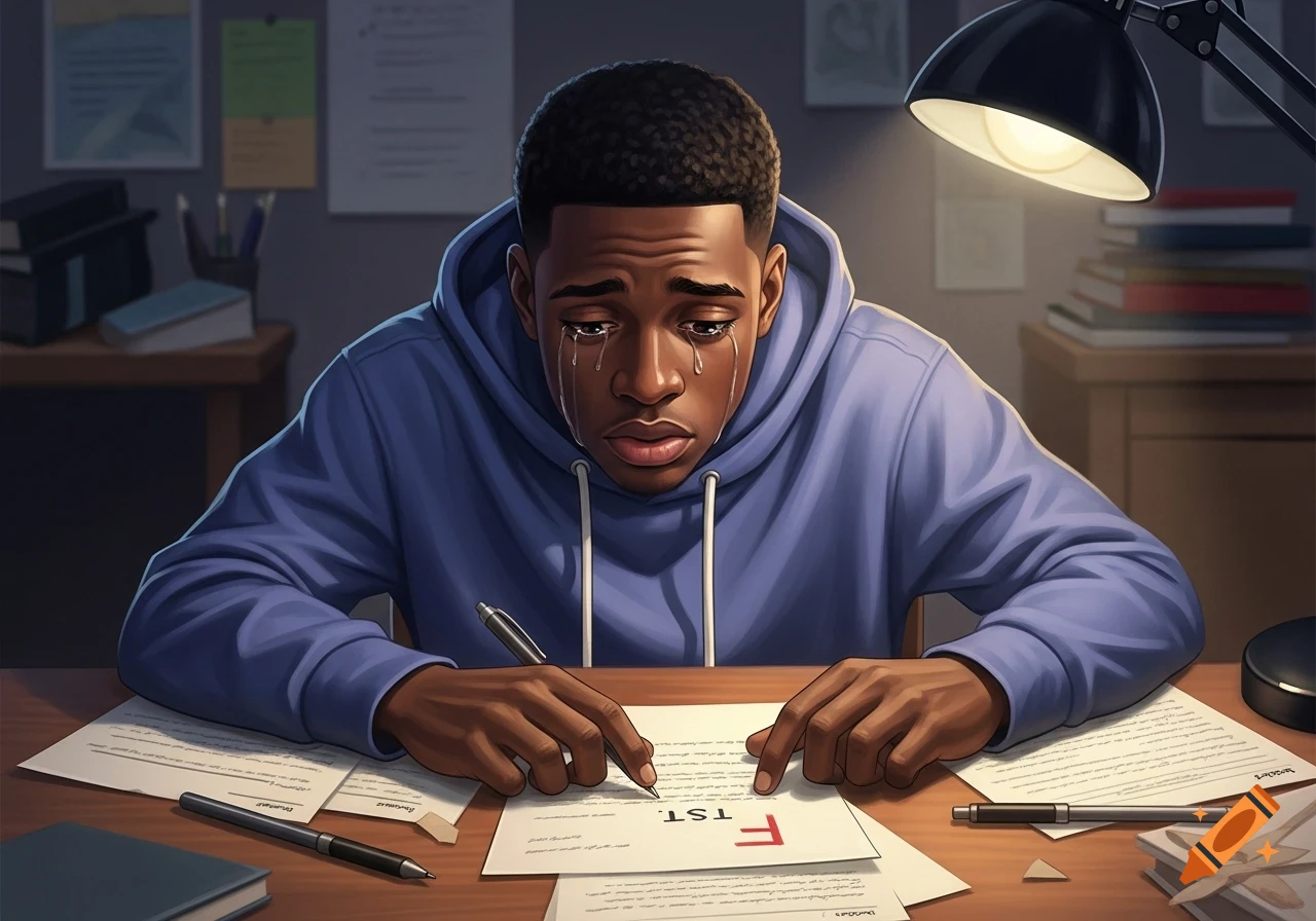 A Black man in a blue hoodie cries while looking at a test paper marked 'F' at a desk under a lamp, in an illustrative style.