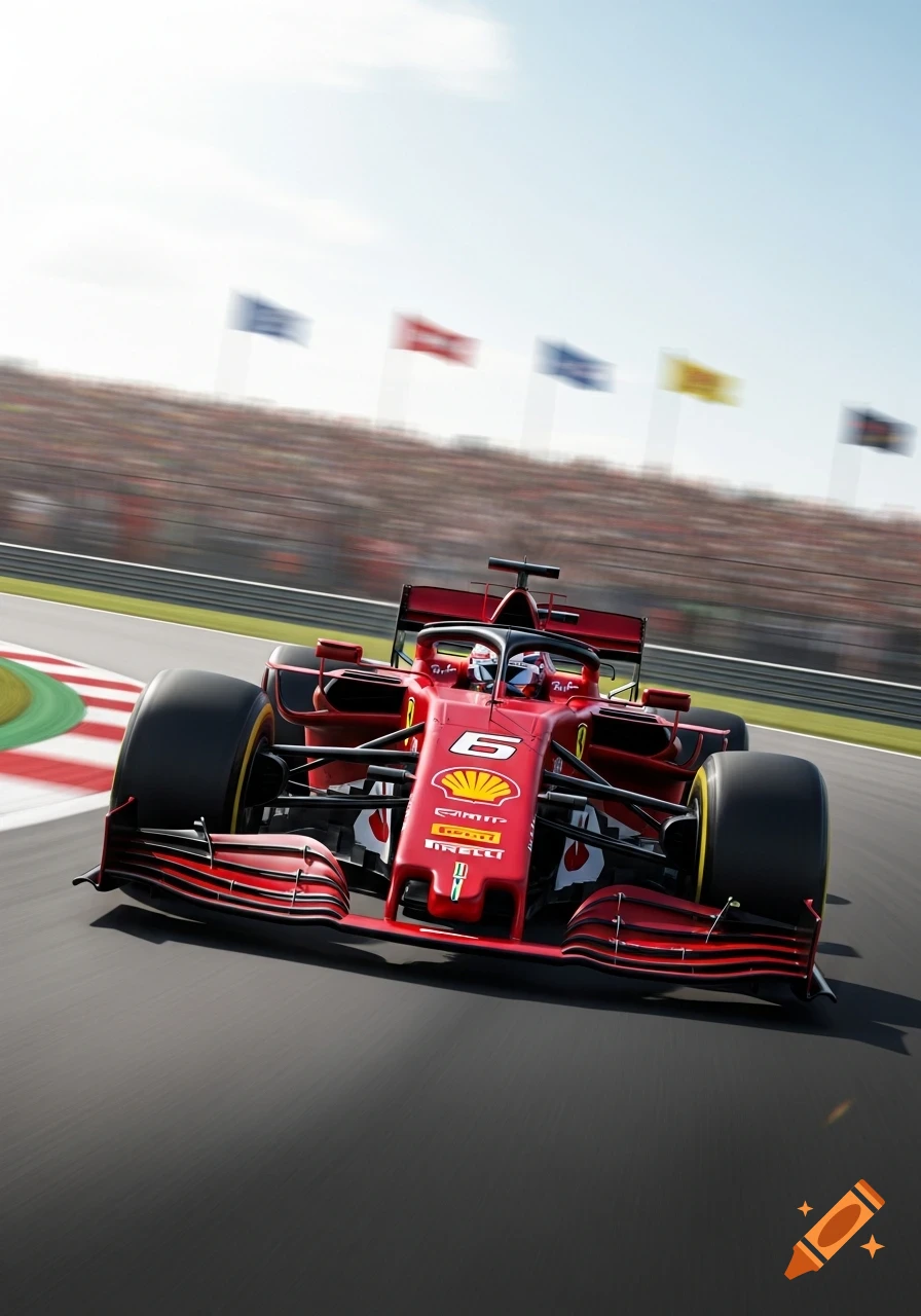 A red Ferrari Formula 1 car races on a track, with spectators in the blurred background under a bright sky.
