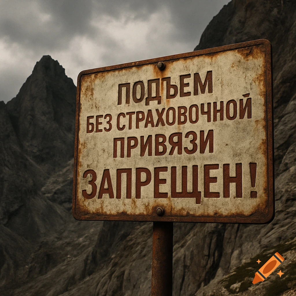 A rusty Cyrillic warning sign "Climbing without a safety harness is FORBIDDEN!" in a dark, rugged mountain landscape.