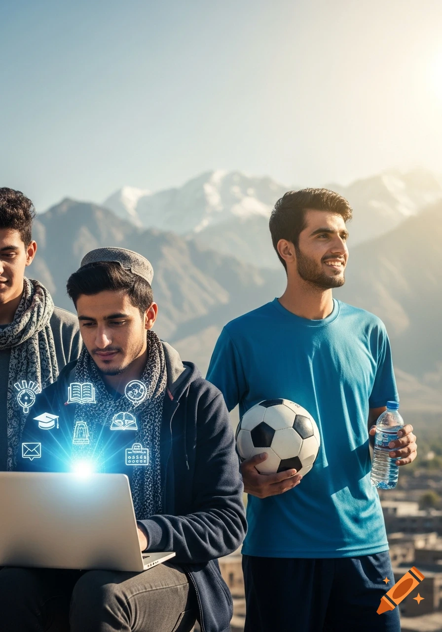 Three Afghan youth outdoors; one uses a laptop with glowing educational icons, another holds a soccer ball and water bottle, set against snowy mountains.