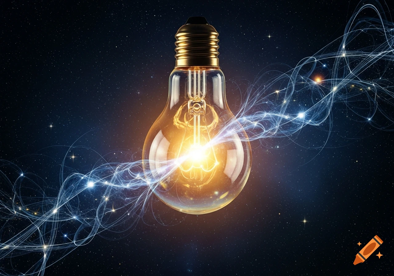 A bright, glowing lightbulb against a starry cosmic background, surrounded by dynamic blue and white light trails, symbolizing an idea.
