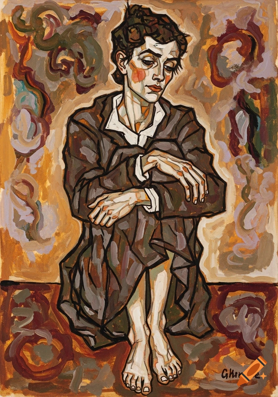 Expressionist gouache painting in Egon Schiele's style, depicting a person in a brown suit, sitting with knees drawn up, looking downwards.