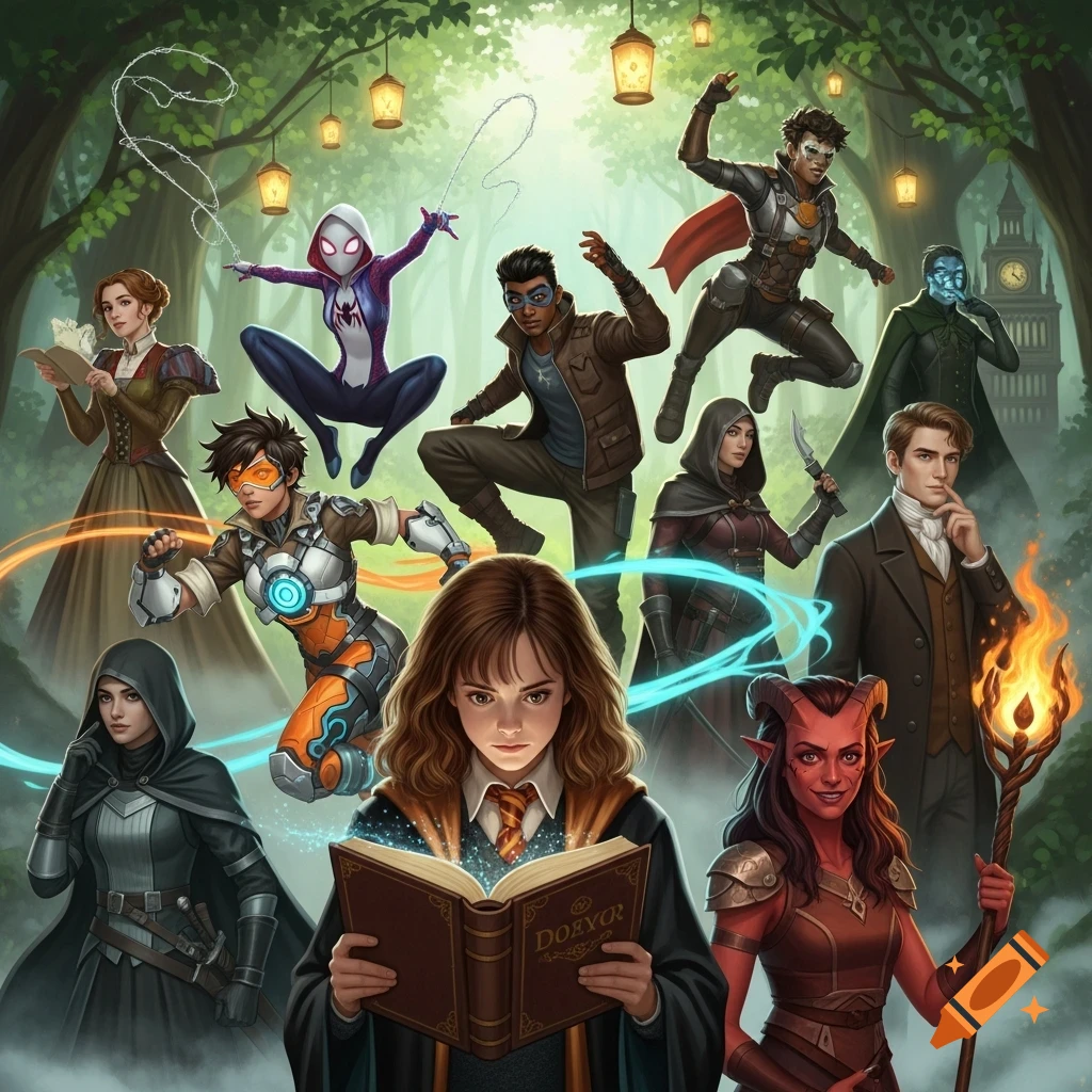 A diverse group of fictional characters from different universes, including Hermione Granger reading a glowing book, Spider-Gwen, Tracer, a tiefling, and other heroes, in a magical forest setting with hanging lanterns.