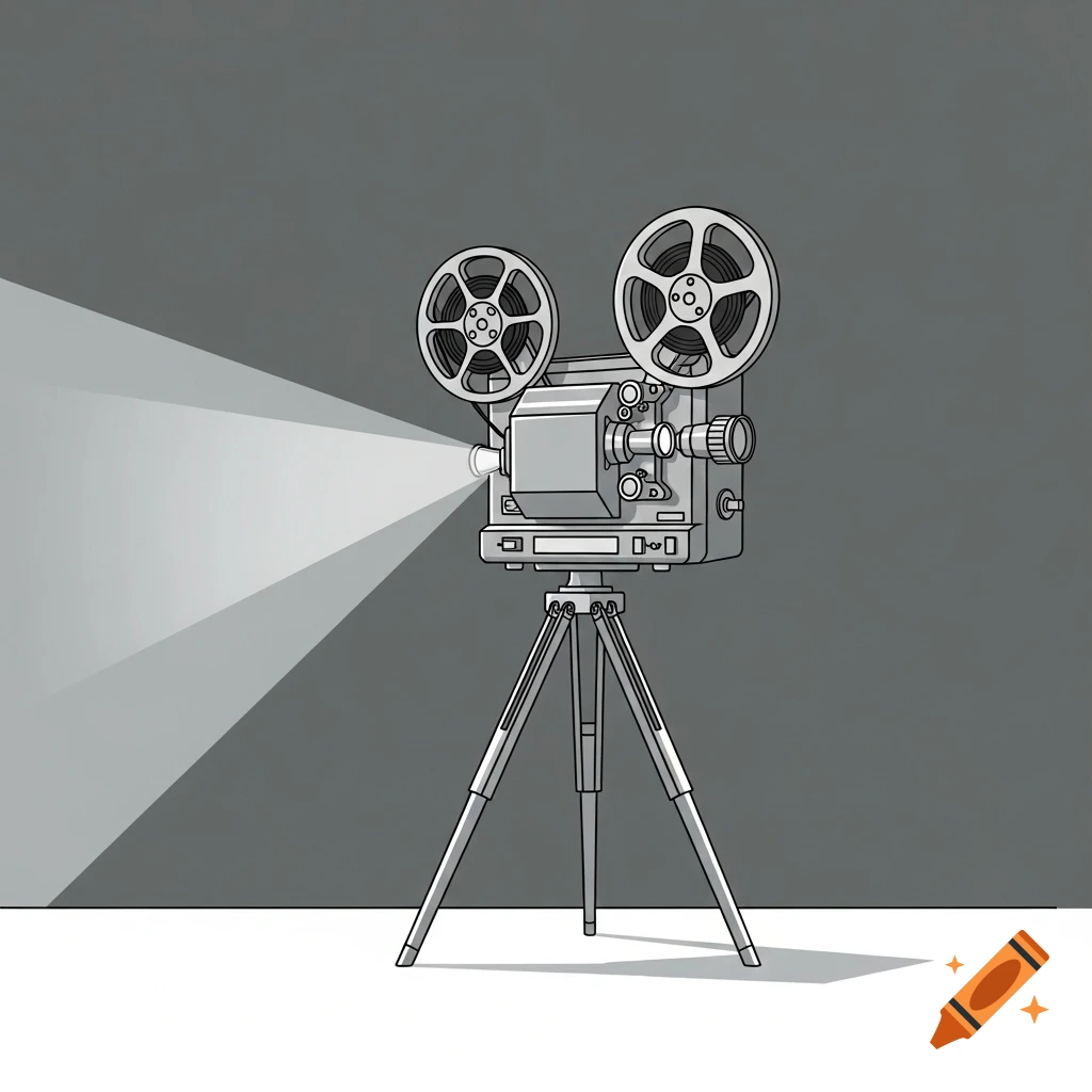 A simple graphic illustration depicts an old movie projector with film reels on a tripod, projecting a bright light beam onto a dark background.