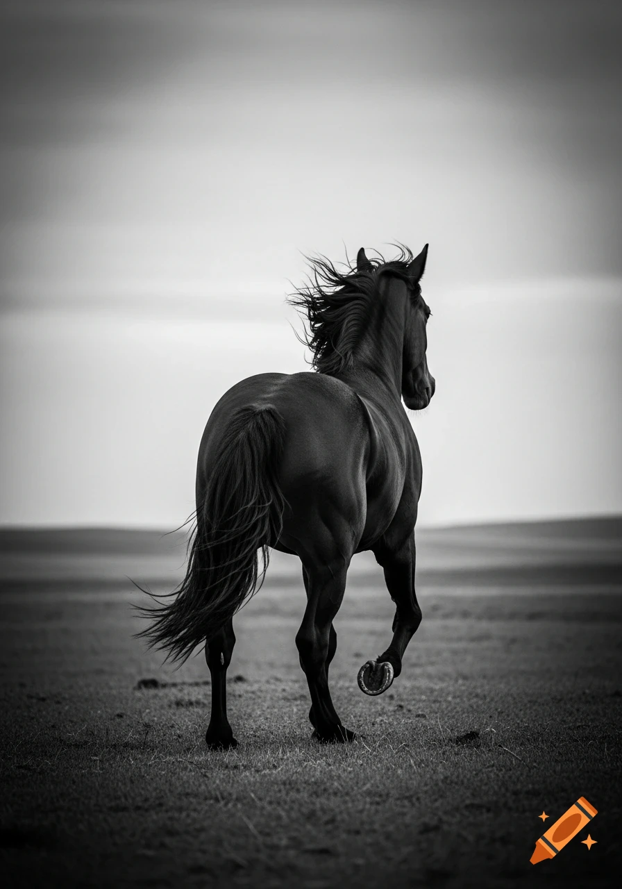 A black and white photograph of a powerful horse galloping away through a vast open field, seen from behind.