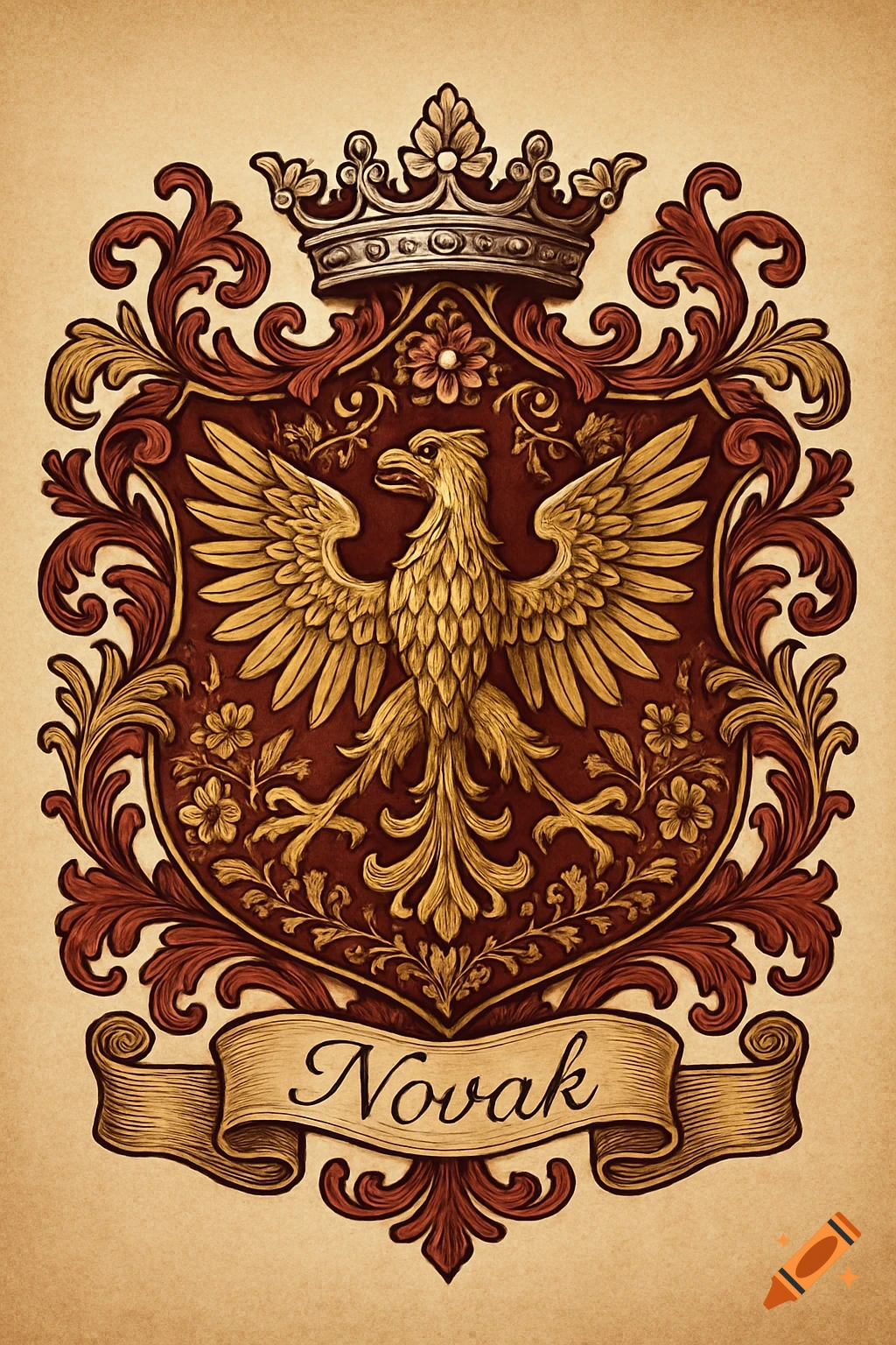 A richly detailed heraldic crest featuring a golden eagle with outstretched wings, a silver crown, and ornate red and gold foliage, with 'Novak' written on a banner.