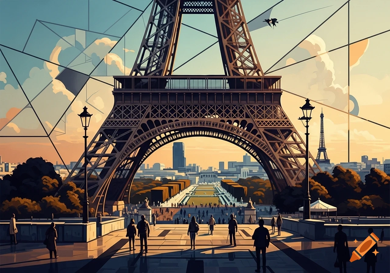 Stylized cubist view of the Eiffel Tower from below, with people, a cityscape, and geometric patterns in the sky.