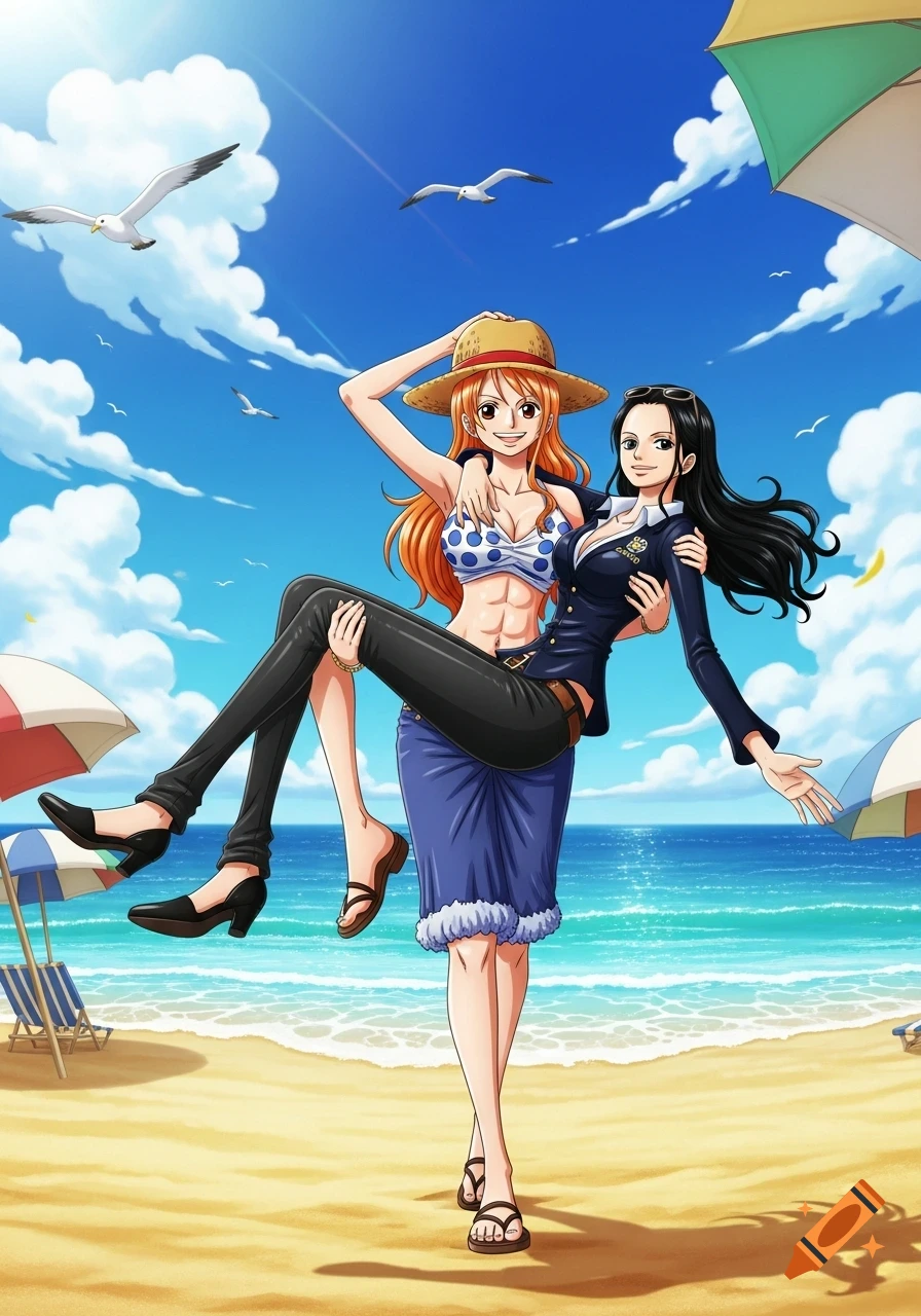 Nami in a polka-dot bikini top and skirt carries Nico Robin in a dark suit on a sunny beach, anime style.