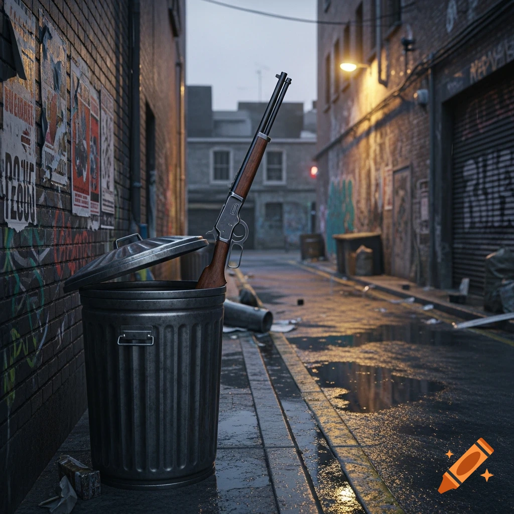 A lever-action rifle protrudes from a trash can in a dark, wet urban alley with graffiti-covered brick walls and illuminated by a street lamp.