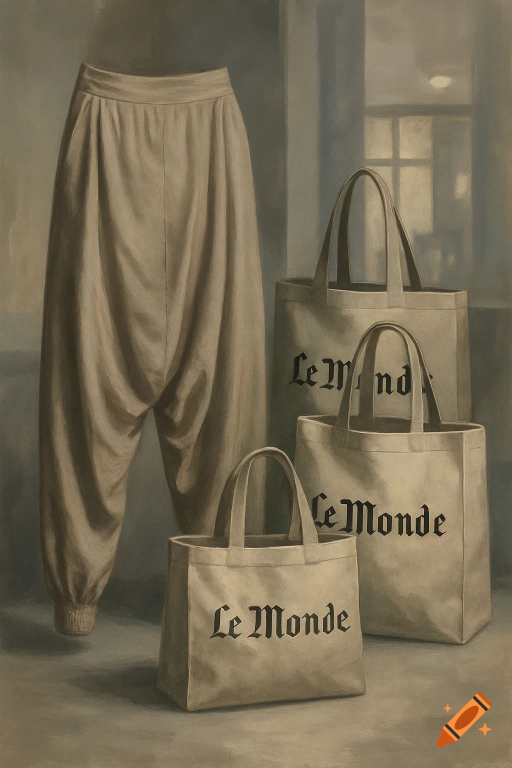 A painted still life of light brown sarouel pants and three tote bags with 'Le Monde' text, in muted tones.