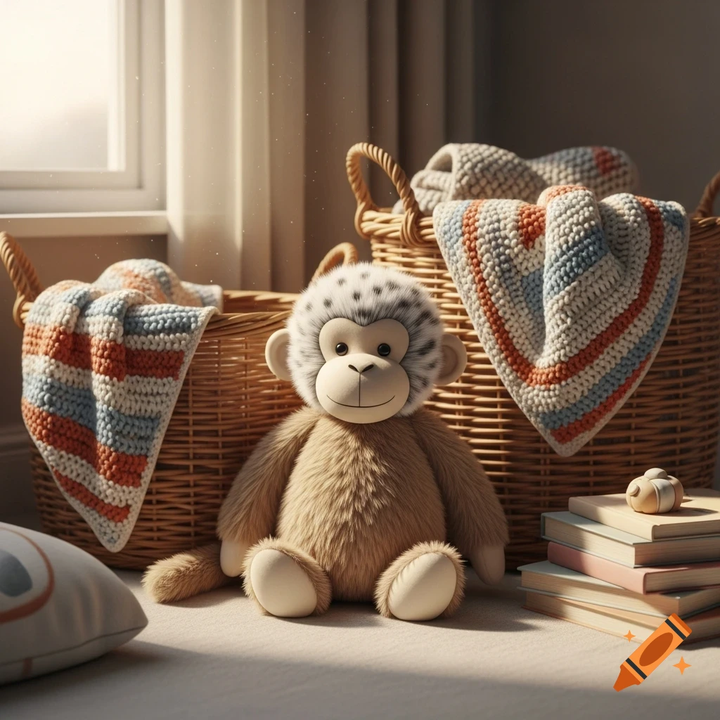 A fluffy stuffed monkey with light brown and spotted white-gray fur sits on a rug between two wicker baskets and striped blankets, next to a stack of books near a window.