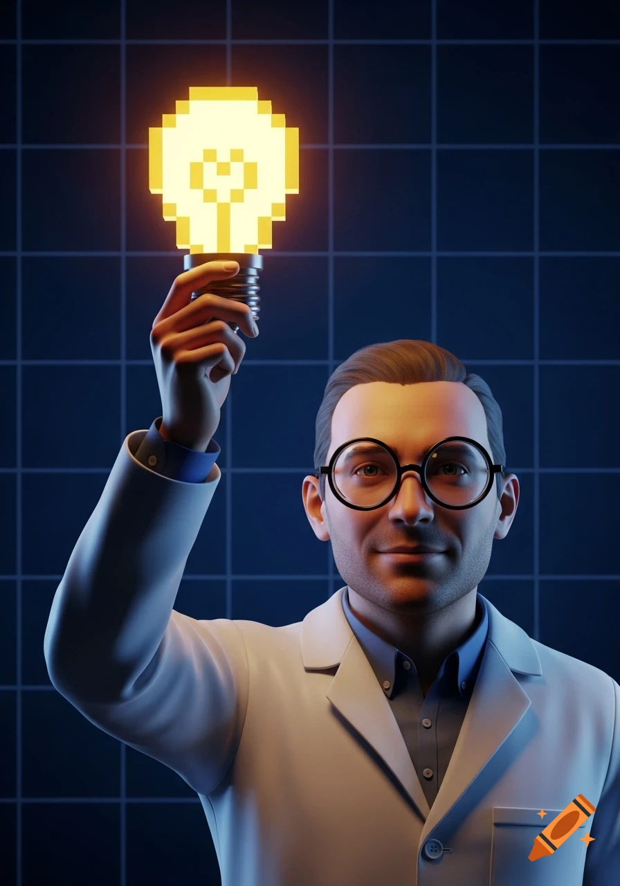 A man in a lab coat and round glasses holds a glowing pixelated lightbulb against a dark blue grid background.