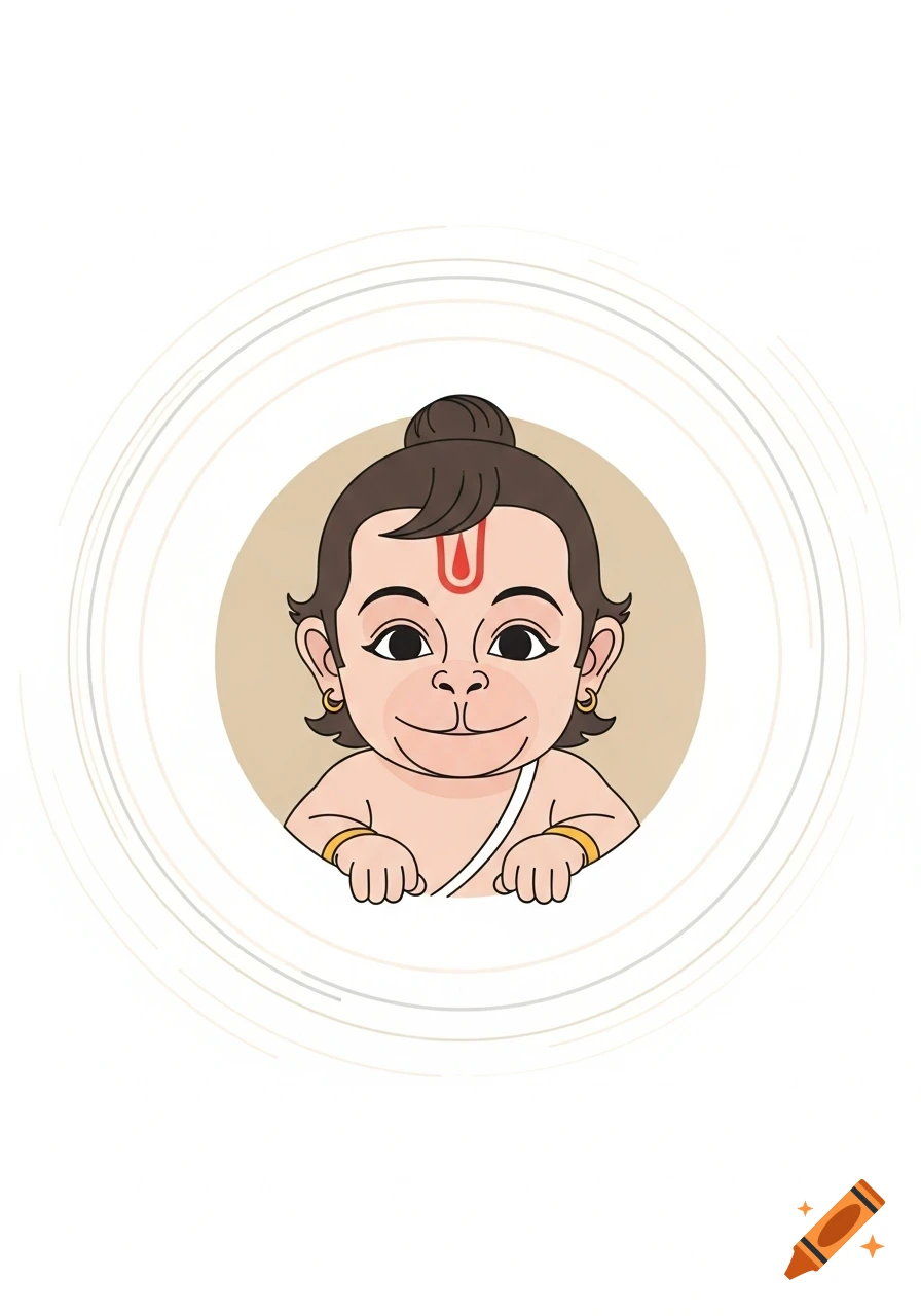 Cartoon illustration of infant Hanuman smiling with a red tilak, in a simple circular design.
