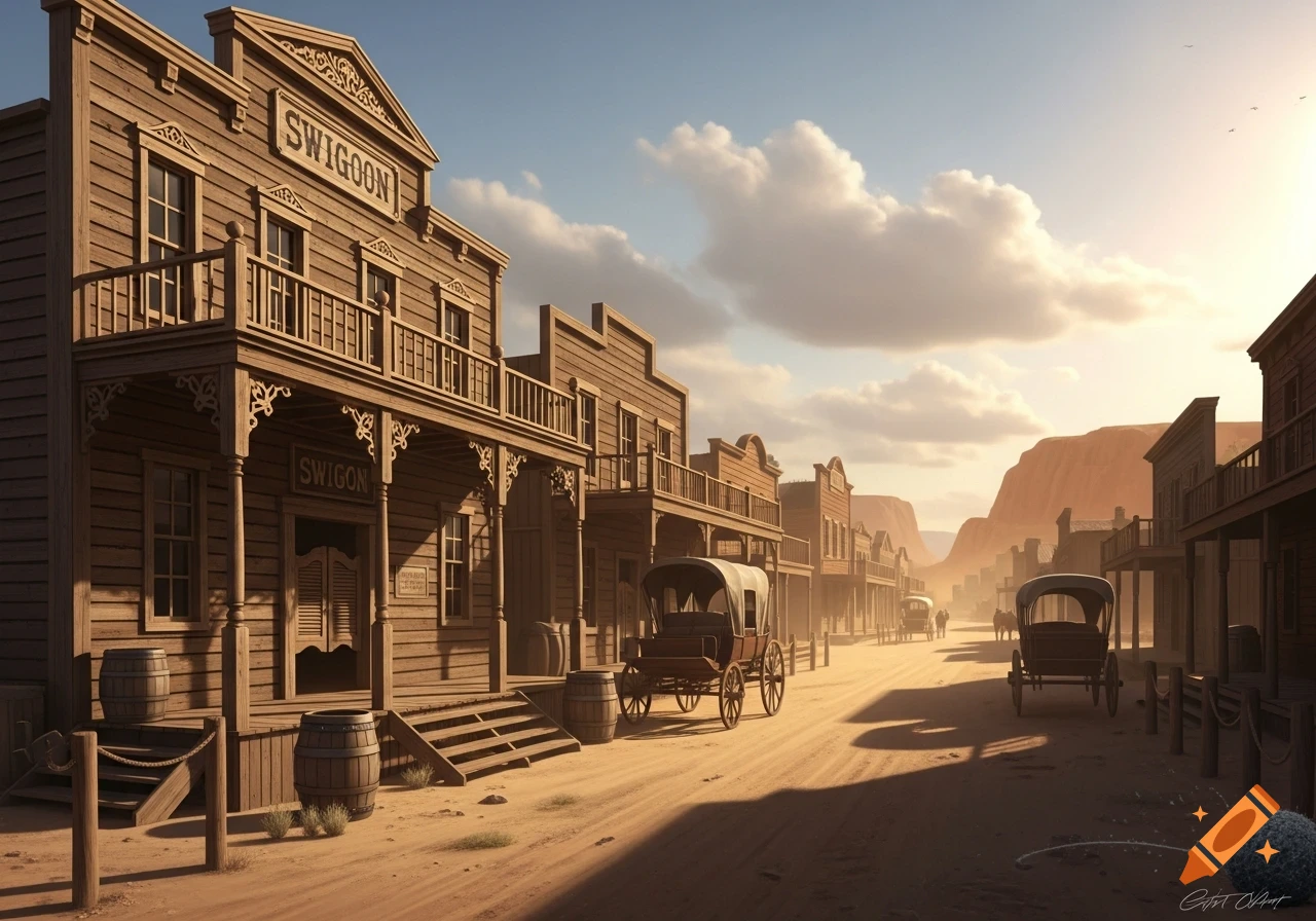 A photorealistic depiction of a dusty Western town street with wooden buildings, a prominent saloon on the left, and covered wagons under a cloudy sky at sunset.