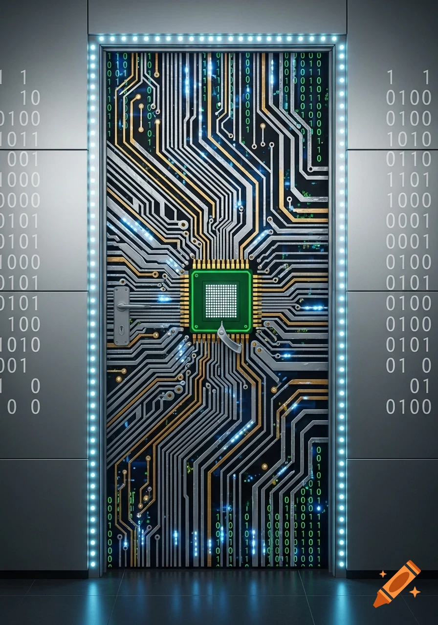 A futuristic door decorated with intricate circuit board patterns, a glowing green computer chip, and blue lights, flanked by panels displaying binary code.