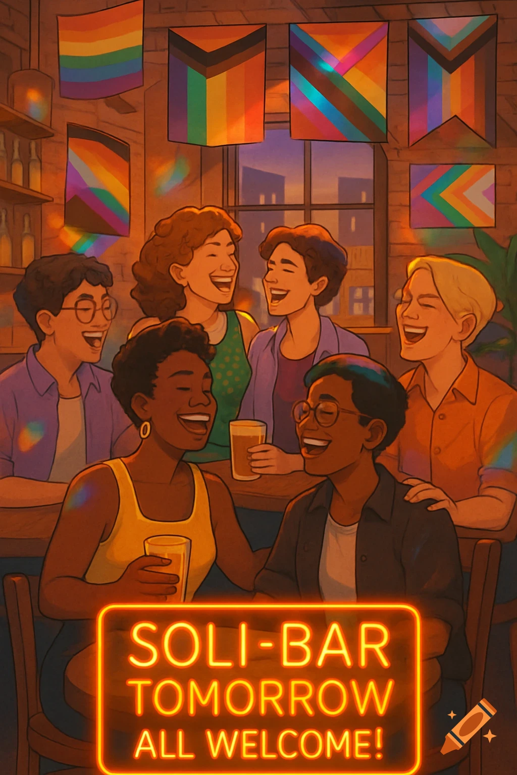 Diverse group laughing in a bar decorated with Pride flags, with a neon sign saying 'Soli-Bar Tomorrow All Welcome!'