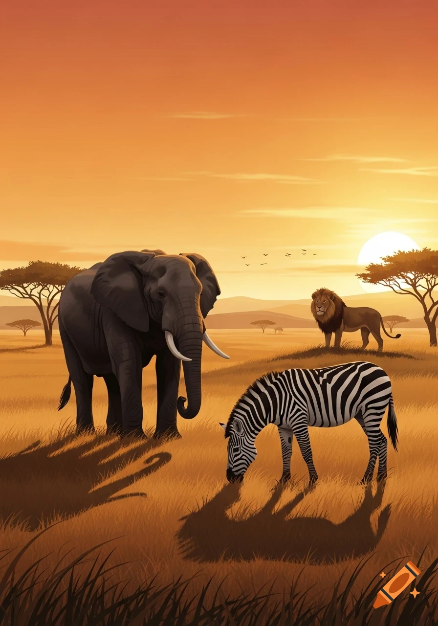 Stylized illustration of an elephant, zebra, and lion in an African savanna with a bright orange sunset.