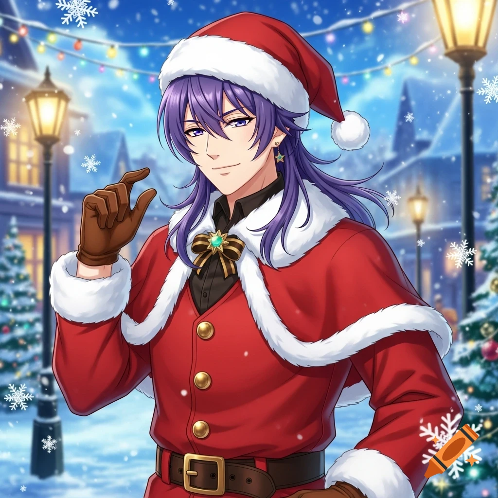 Anime man with purple hair in a Santa suit and brown gloves, standing in a snowy Christmas street with lampposts and lights.